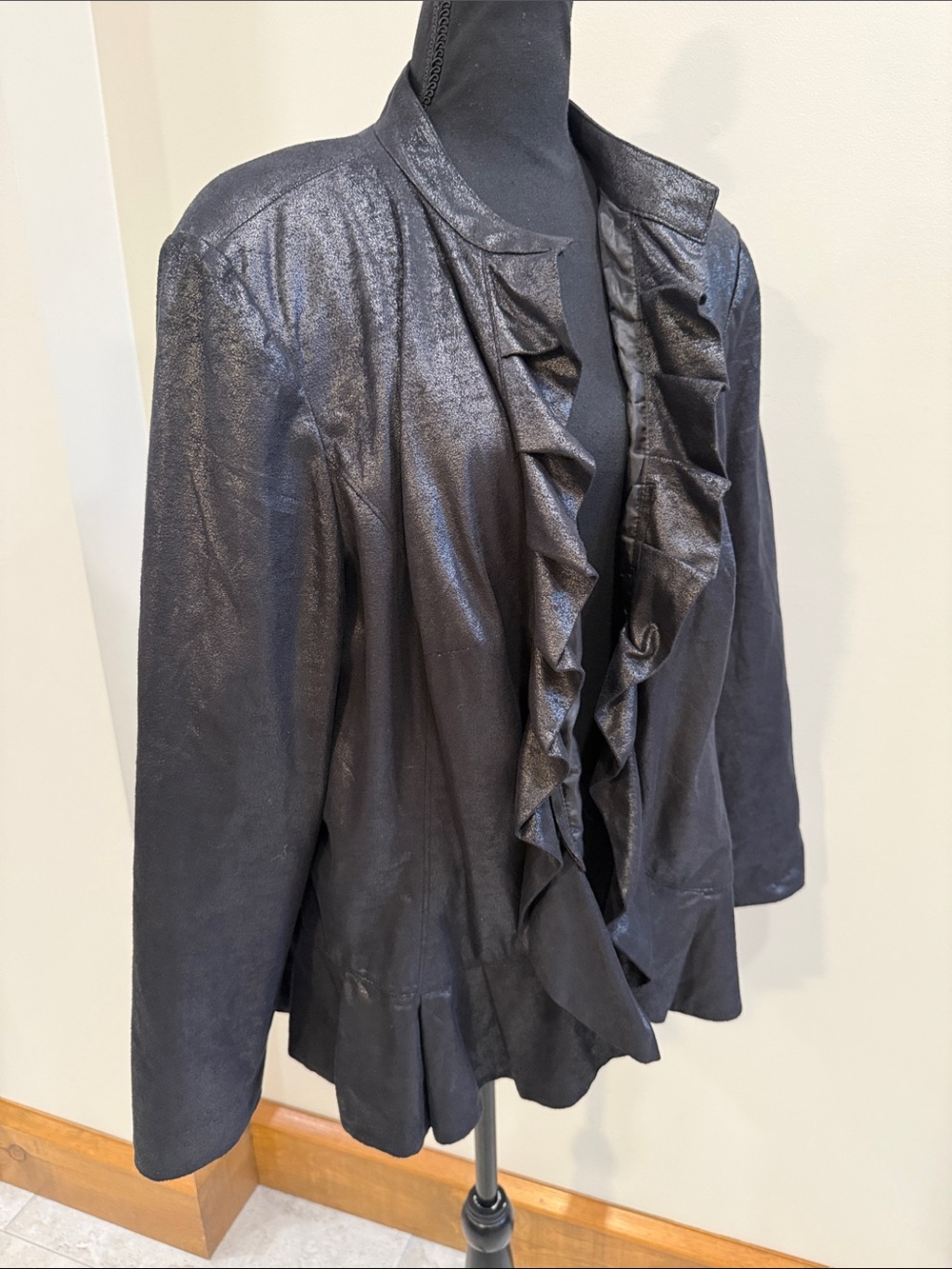 INC International Concepts open Front Black shimmer Ruffle Jacket Blazer size 2X